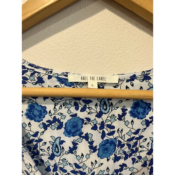 Abel The Label Blue White Floral Midi Dress L Wrap V Neck Cottagecore Boho - Picture 8 of 8